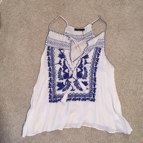 Tops - White and blue embroidered tank Tops - White and blue embroidered tank